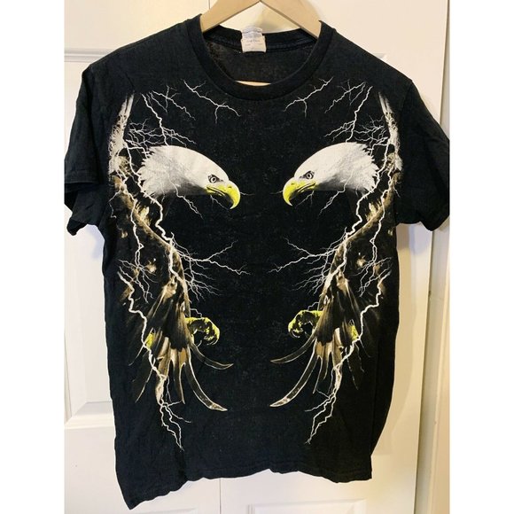 Vtg Bald Eagle Lightning Storm T Shirt Distressed Gildan Tag Men’s Sz S Black - Picture 4 of 8